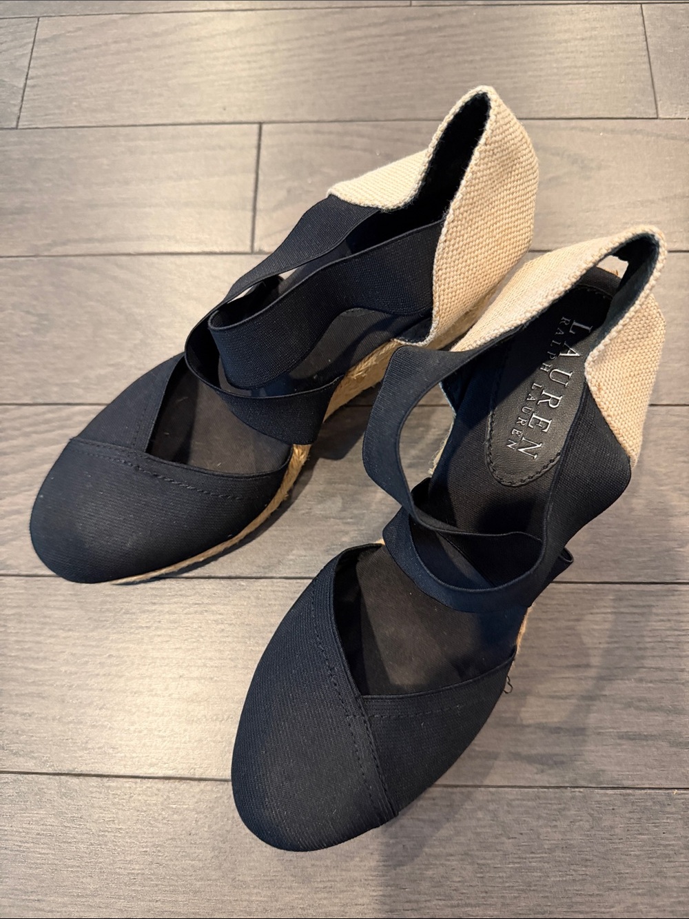 Lauren Ralph Lauren Black and Natural Espadrille Wedge Sandals
